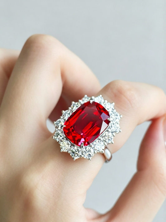 Red lab-grown ruby ring on hand, oval red center stone with round diamond halo and prongs