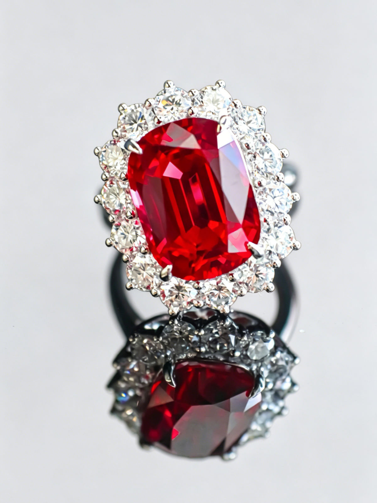Red lab-grown ruby ring with cushion red center stone and round diamond halo, prong setting