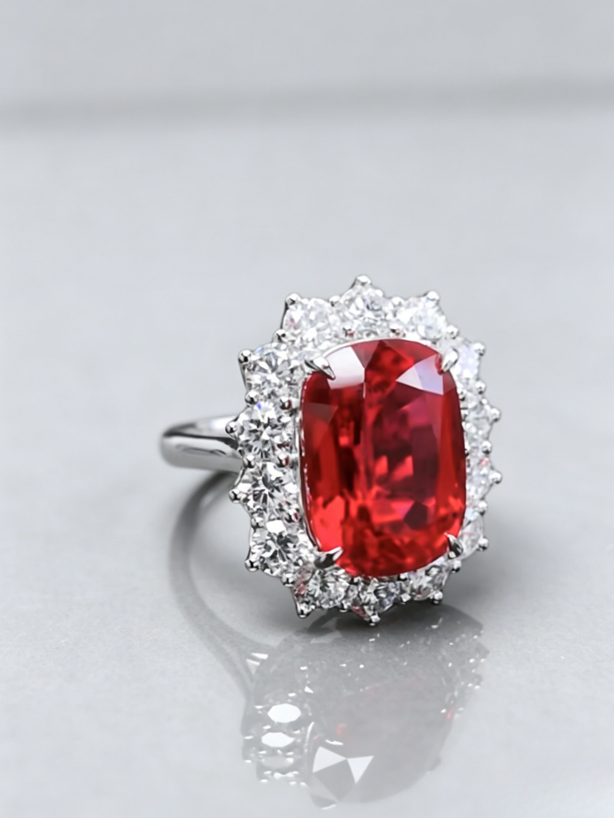 Red lab-grown ruby ring with oval red center stone and round diamond halo, silver-toned band