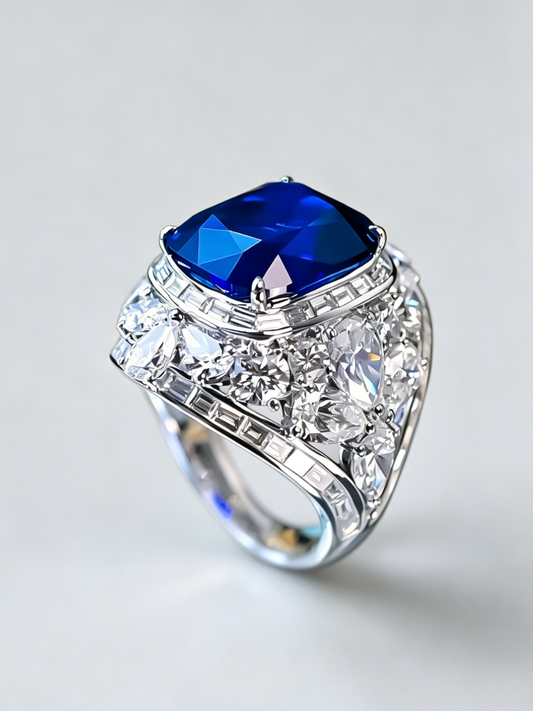 Royal blue sapphire ring with diamond halo, prong-set center, and detailed white-metal band