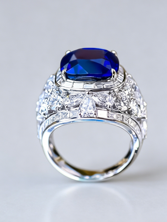 Royal blue sapphire ring with diamond oval halo, prong-set center, and openwork band