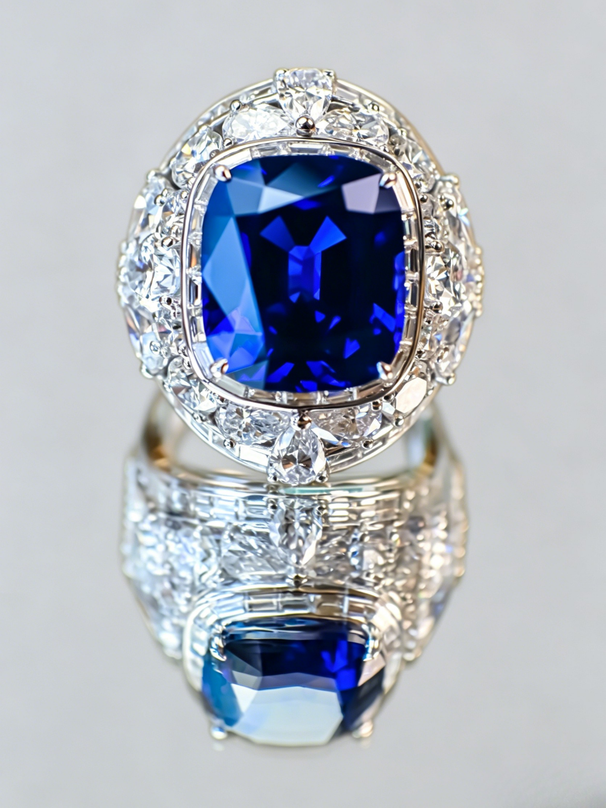 Royal blue sapphire ring with diamond oval halo and additional blue stone detail on band